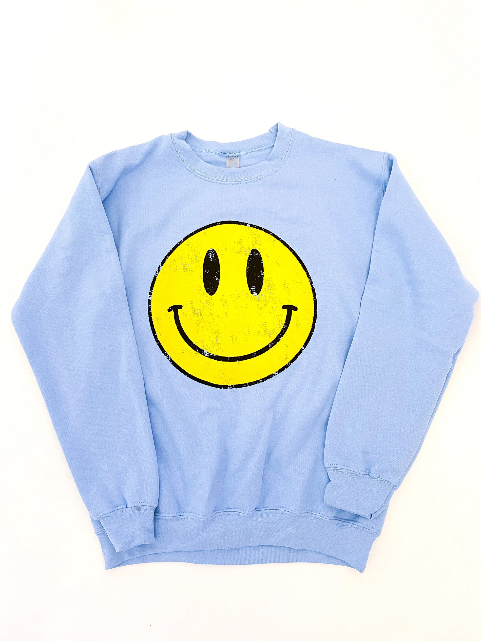 LuLuBleuBoutique Embroidered Smiley Face Tie Dye Comfort Colors Sweatshirt, Happy Face Vintage Sweatshirt